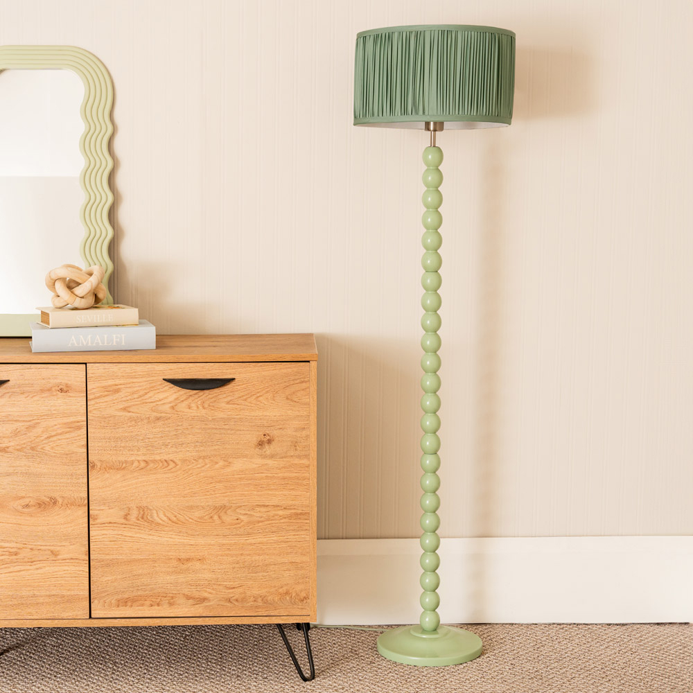 ValueLights Bobbins Ruched Pleated Green Drum Shade Sage Green LED Floor Lamp Image 4