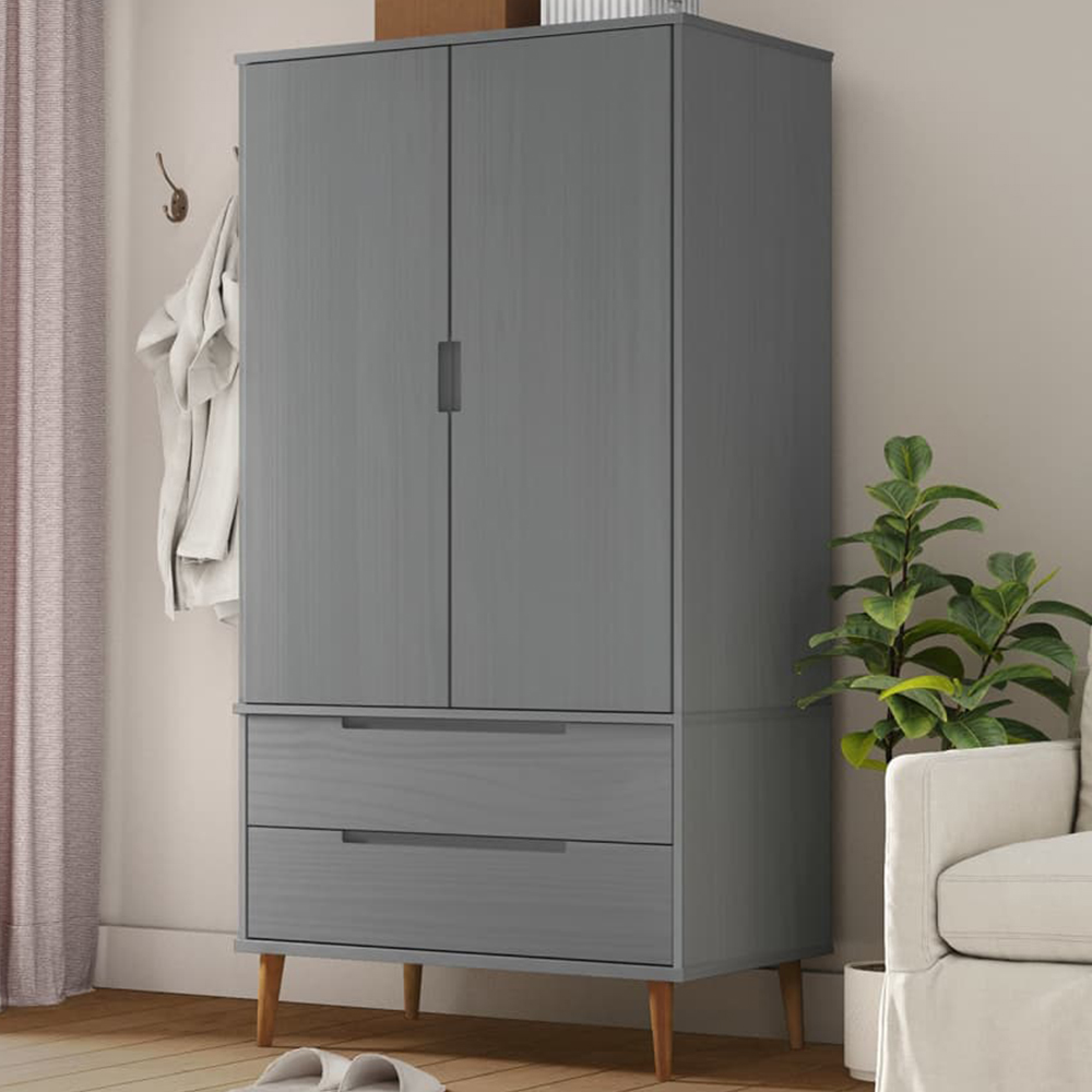vidaXL Molde 2 Door 2 Drawer Grey Solid Wood Pine Wardrobe Image 1