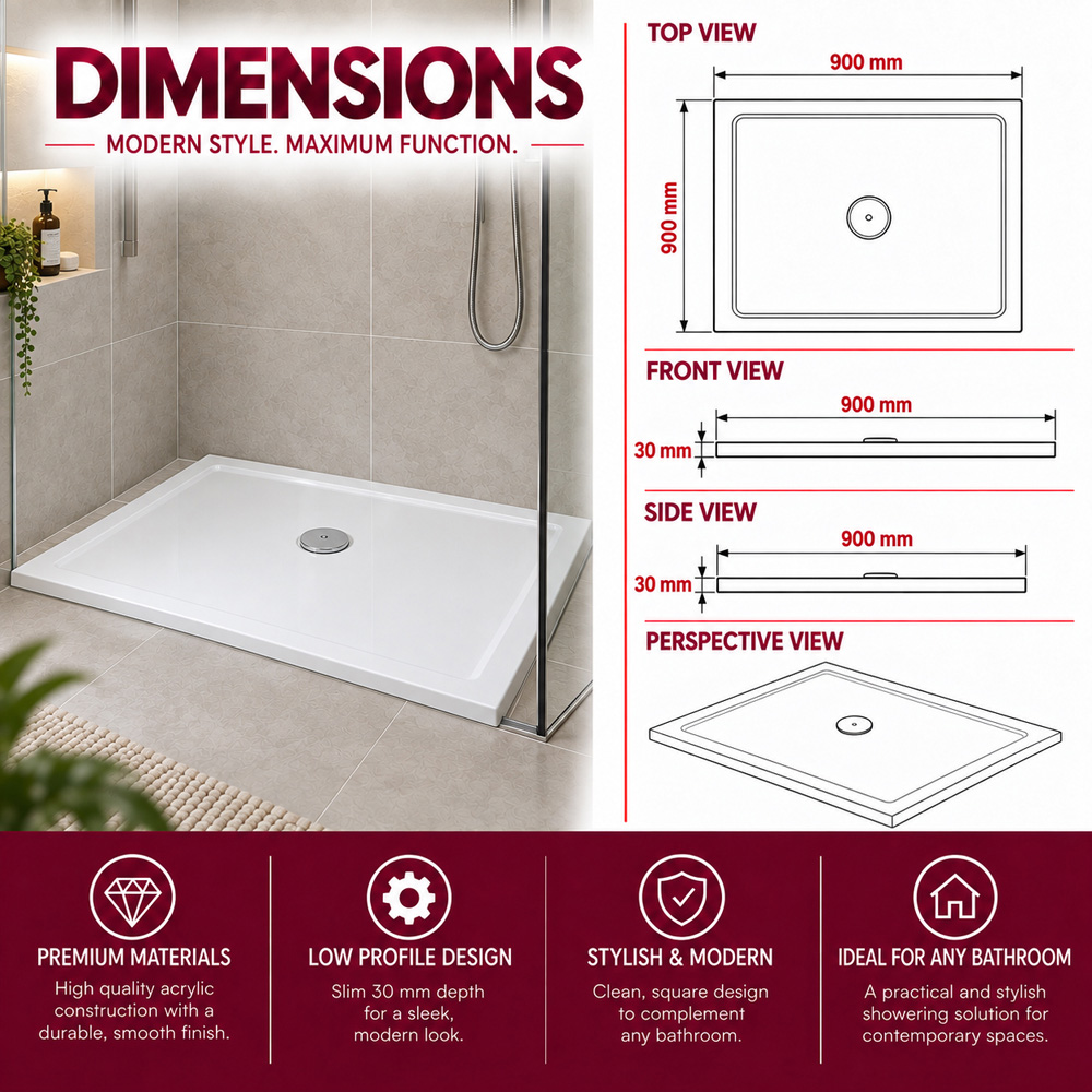 Go Bathrooms 30mm White Low Profile Square Shower Tray 900 x 900mm Image 6