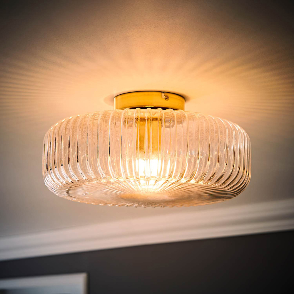 ValueLights Calpe Ribbed Smoked Shade Large Antique Brass Flush Ceiling Light with Bulb Image 2