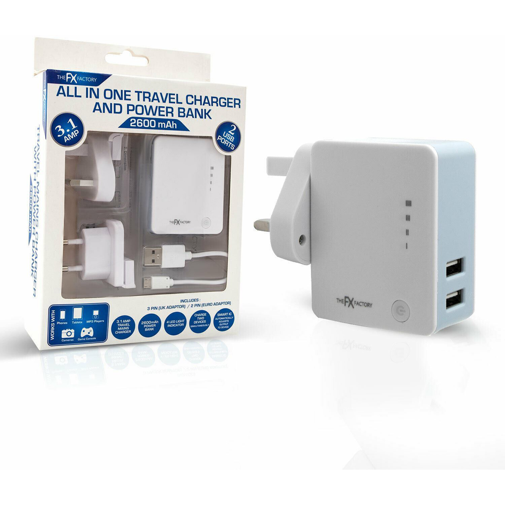 FX White All In One Travel Charger and Power Bank with Dual USB Port Image 5