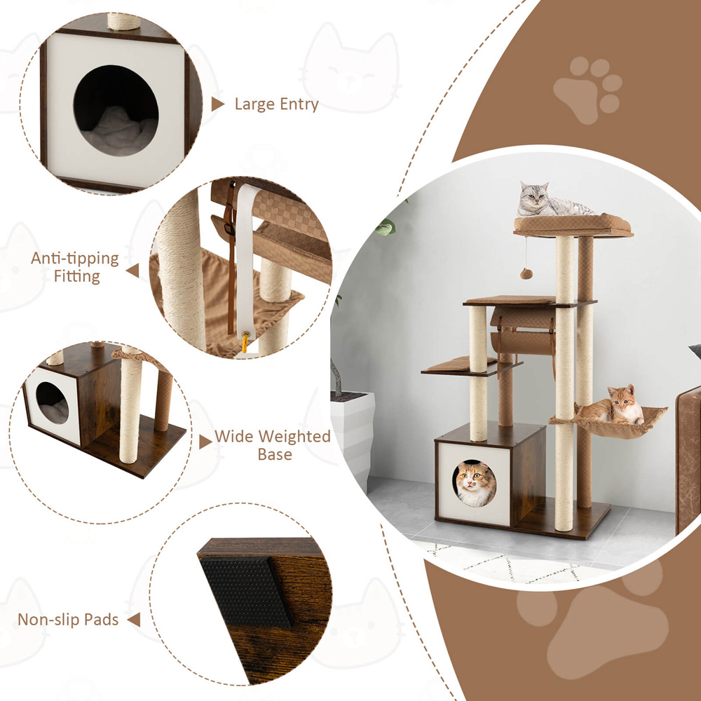 Costway Brown Wooden Cat Tree with Hammock Image 5