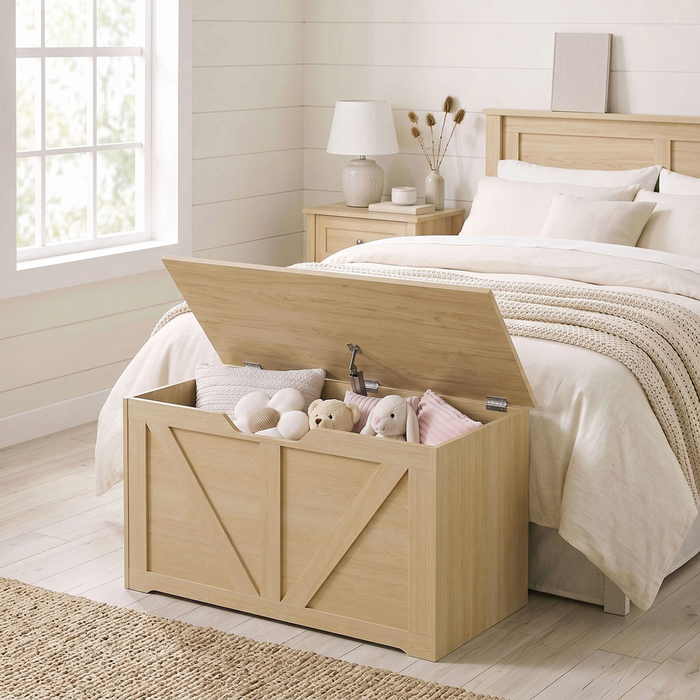 HOMCOM 100L Nature Wood Storage Trunk with Safety Hinge Image 2