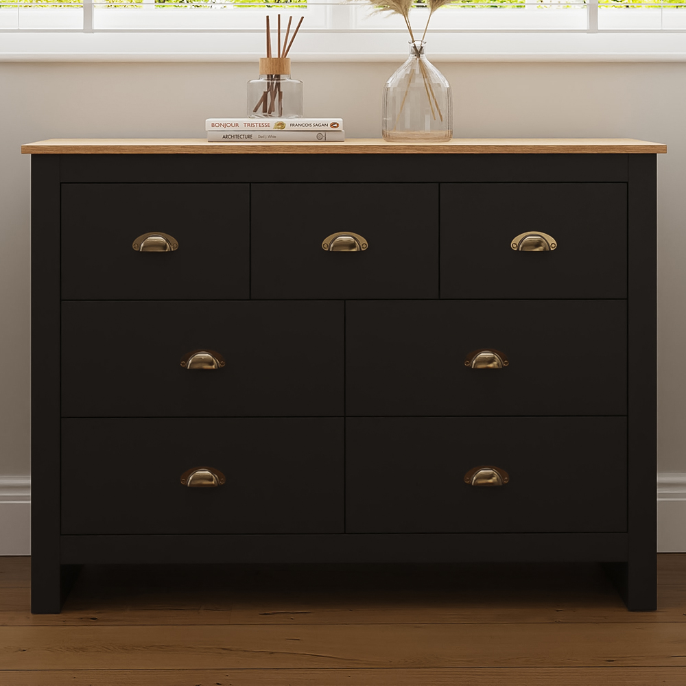 GFW Lancaster 7 Drawer Black Merchants Chest of Drawers with Oak Effect Top Image 1