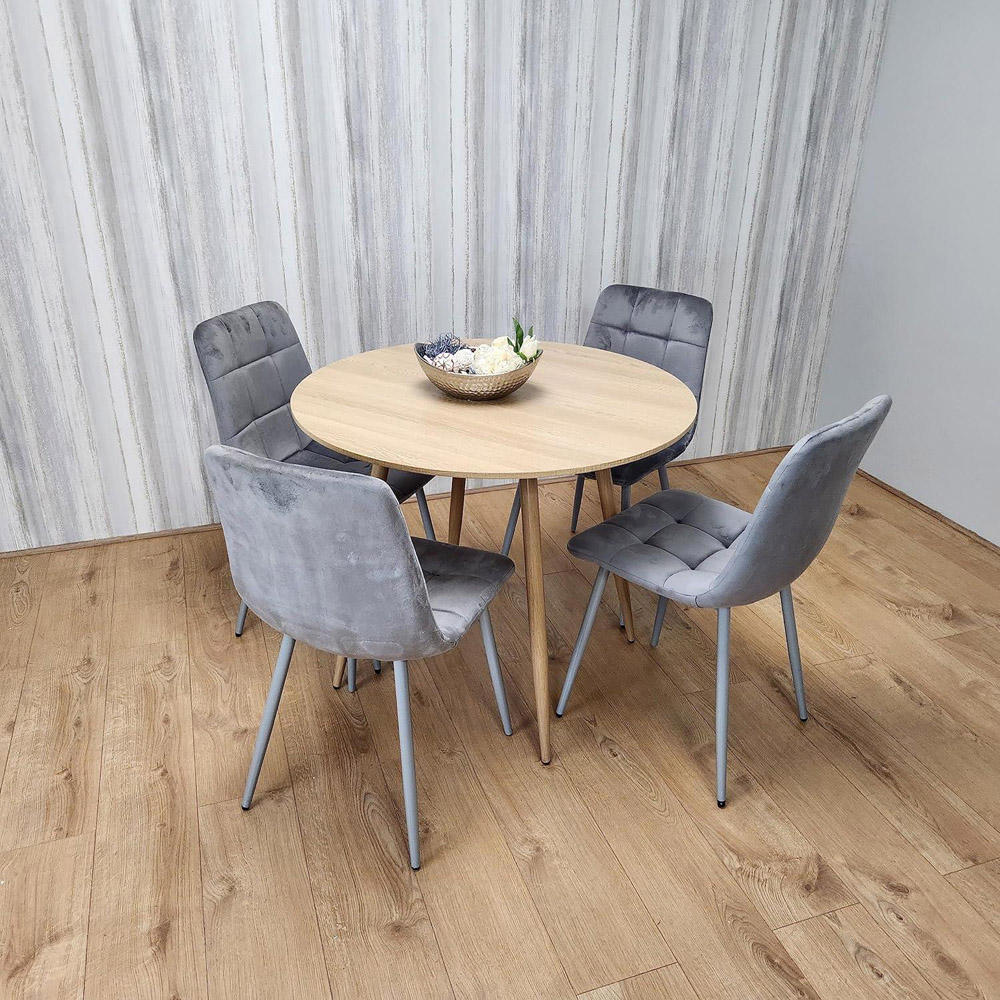 Portland 4 Seater Velvet Round Dining Set Wood Effect and Grey Image 6