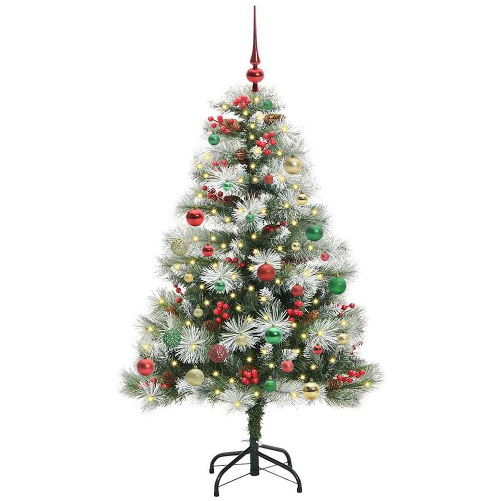 vidaXL Pre-Lit Multicolour Baubles Green Artificial Snow Flocked Christmas Tree 5ft Image 1