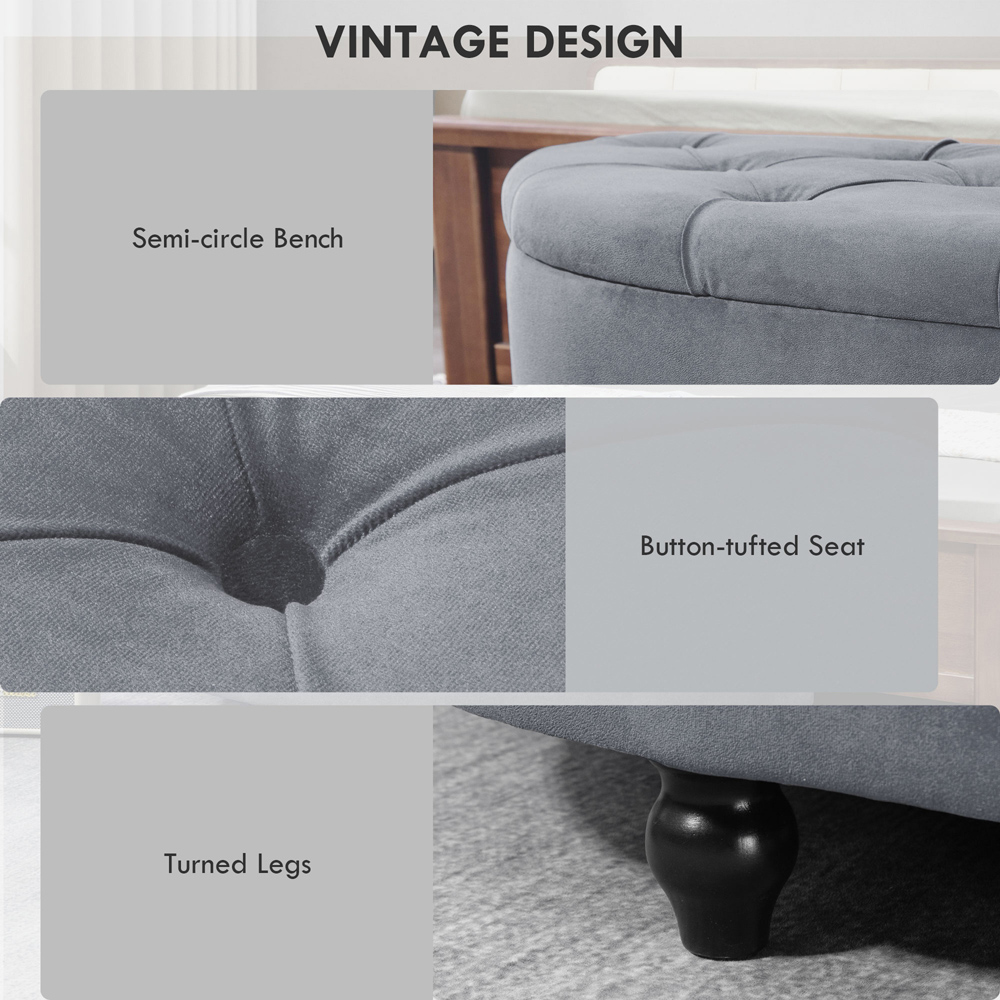 HOMCOM Dark Grey Tufted Semi Circle Bed End Ottoman Bench Image 7