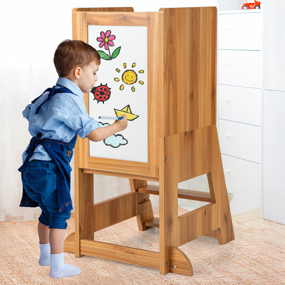 Costway Toddler Natural Kitchen Stool with Chalkboard and Whiteboard Image 1