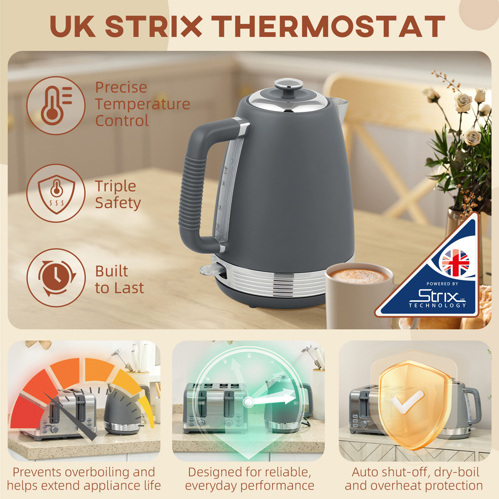 HOMCOM 800-267V70BK Grey 1.7L Quick Boil Kettle 3000W and 4 Slice Toaster Set Image 5