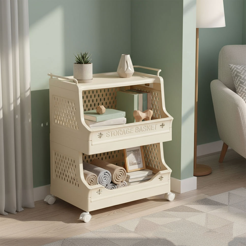 Living and Home 3-Tier Cream Foldable Plastic Storage Trolley Cart with Handles Image 7