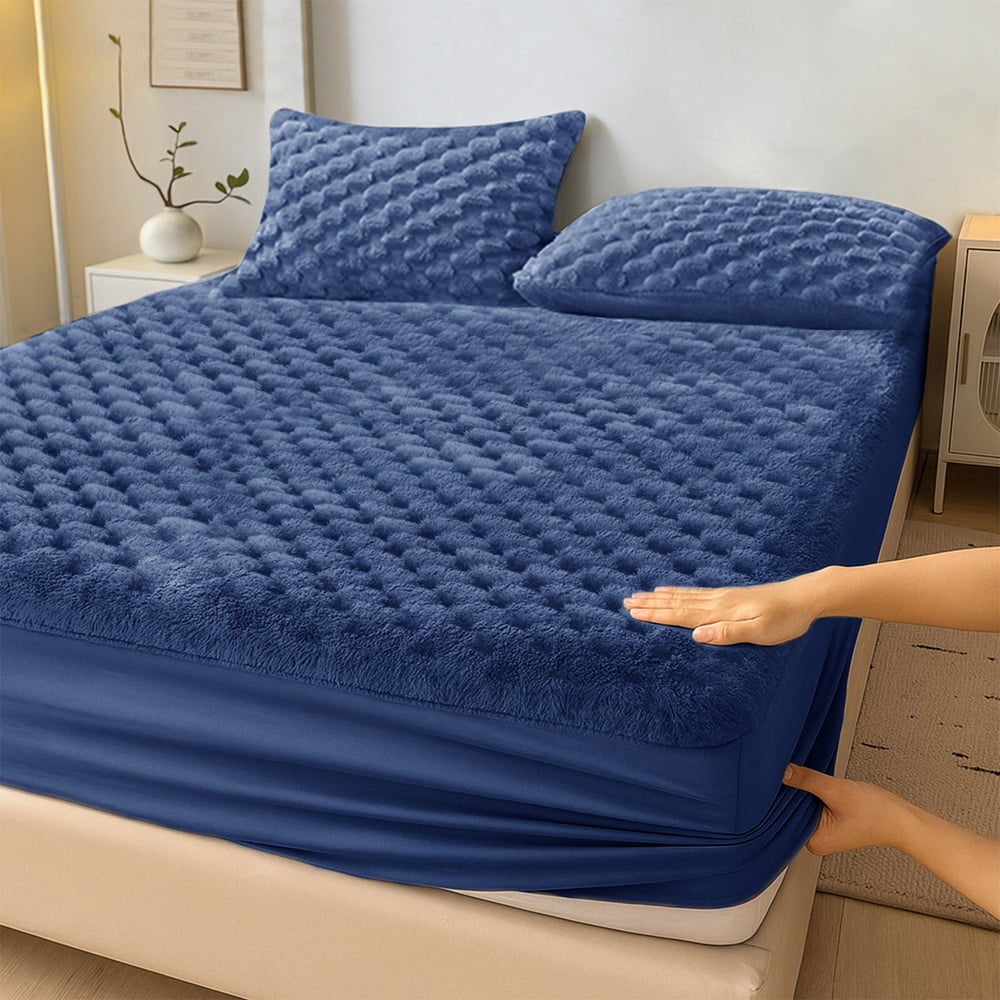 Velosso Super King Size Navy Chunky Popcorn Fitted Sheet Image 2
