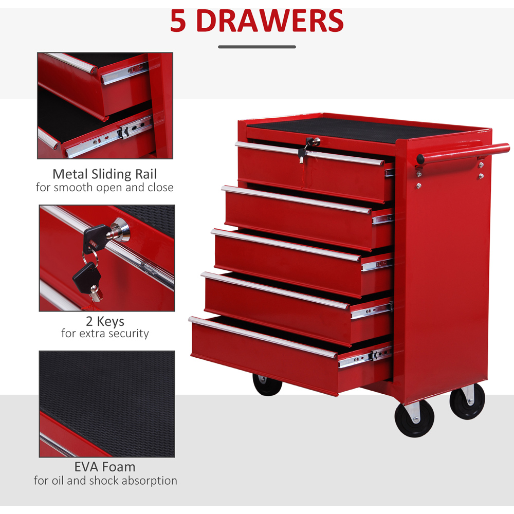 HOMCOM 5 Drawer Red Steel Roller Tool Chest with Handle Image 4