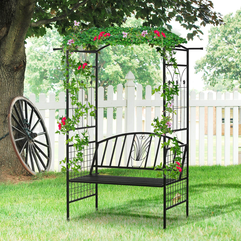 Outsunny 6.7 x 5ft Black Garden Arch Bench with Trellis Side Image 1