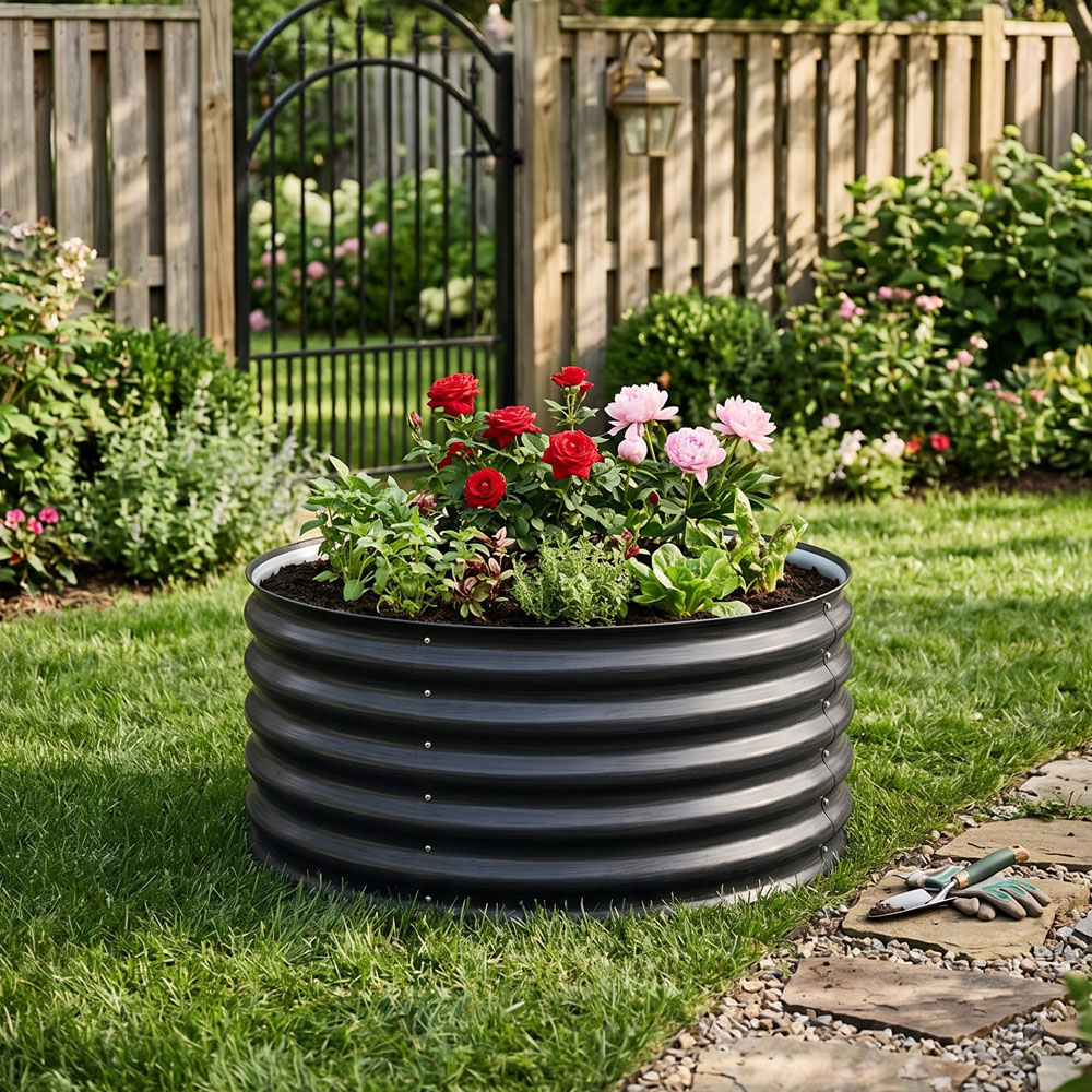 Living and Home Grey Round Metal Raised Garden Bed with Open Bottom 80 x 43cm Image 2
