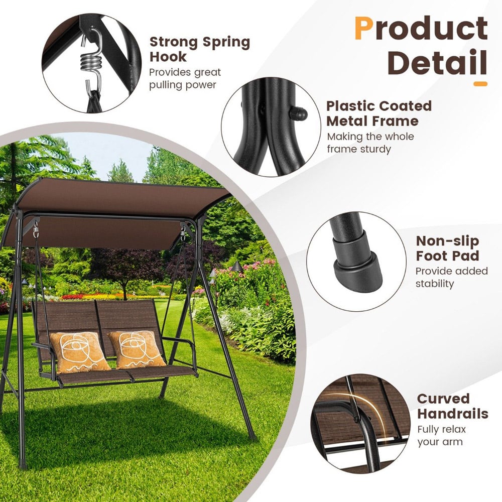 Costway 2 Seater Brown Porch Swing with Spring Hook Image 8