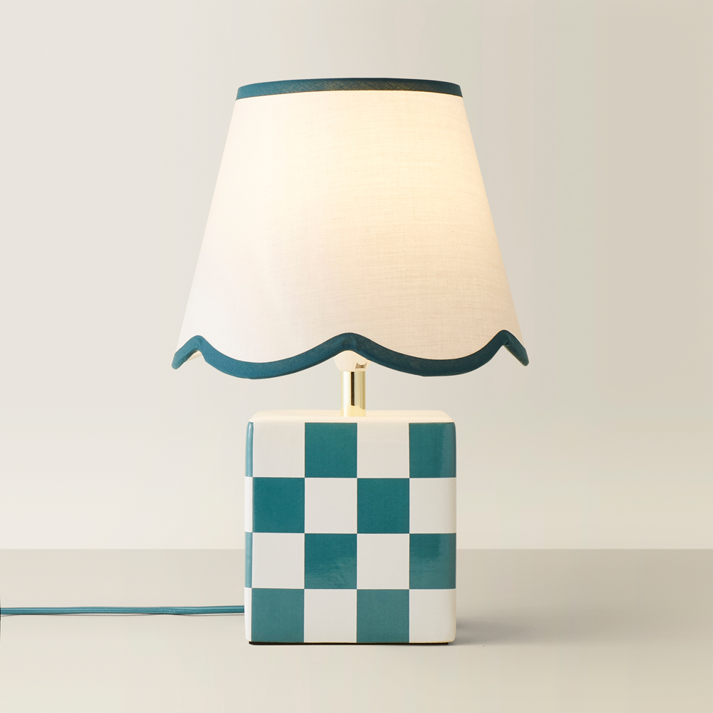 ValueLights Evie Sage Green Trim Linen Scallop Shade Cube Checkered Ceramic LED Table Lamp Image 5
