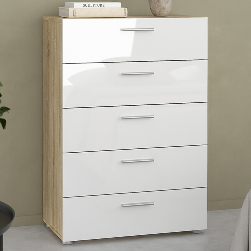 Florence 5 Drawer Oak and White High Gloss Chest of Drawers Image 1