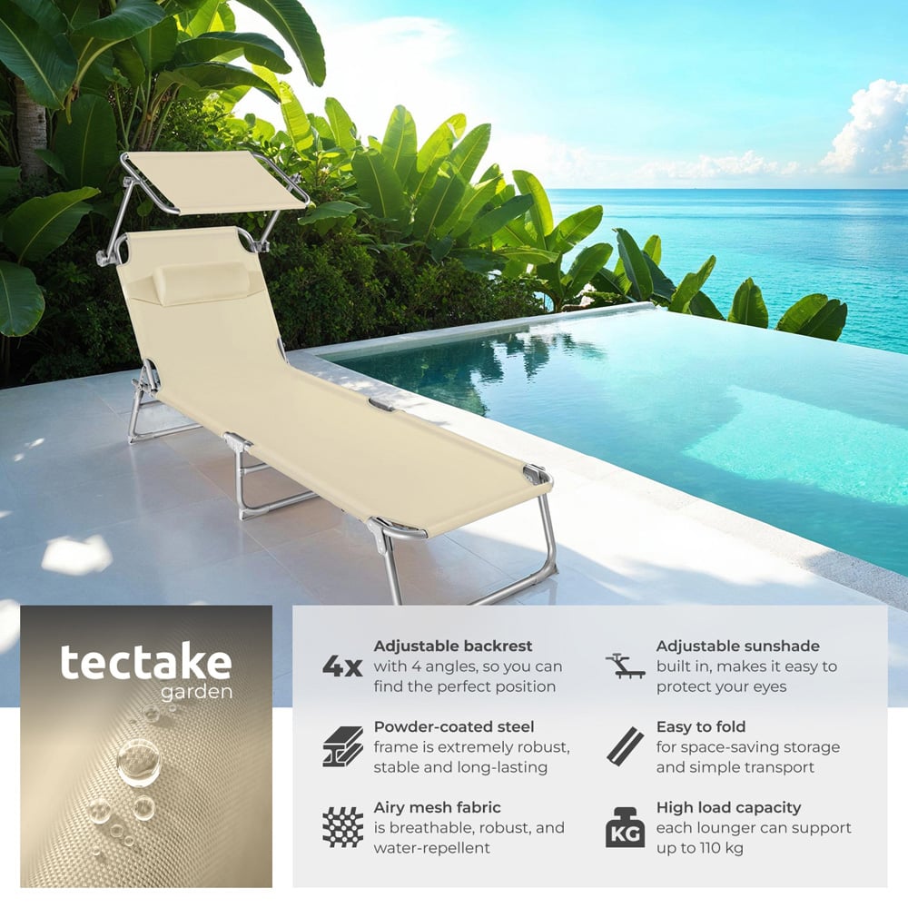 tectake Chloe Set of 2 Beige 4 Step Backrest Foldable Sun Lounger with Head Cushion Image 6
