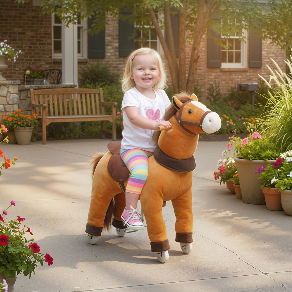 Tommy Toys AIYAPLAY Kids Brown Plush Ride On Rocking Horse with Wheels Image 2