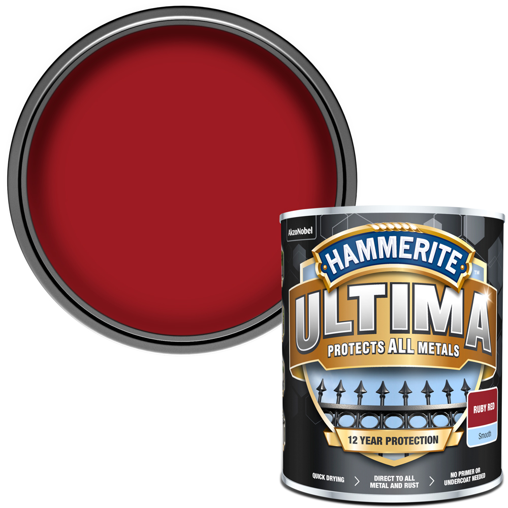 Hammerite Ultima Smooth Ruby Red Metal Paint 750ml Image 1