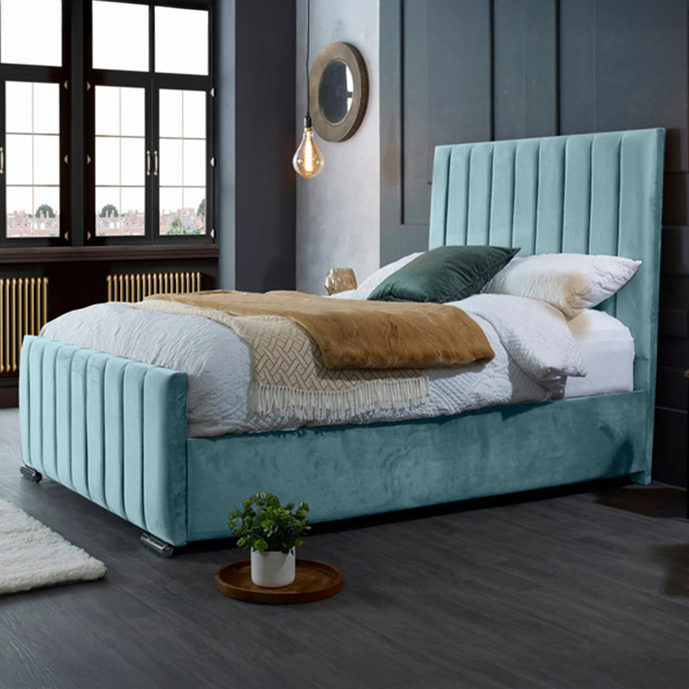Eleganza Home Redding King Size Duck Egg Plush Velvet Bed Frame with Headboard Image 1