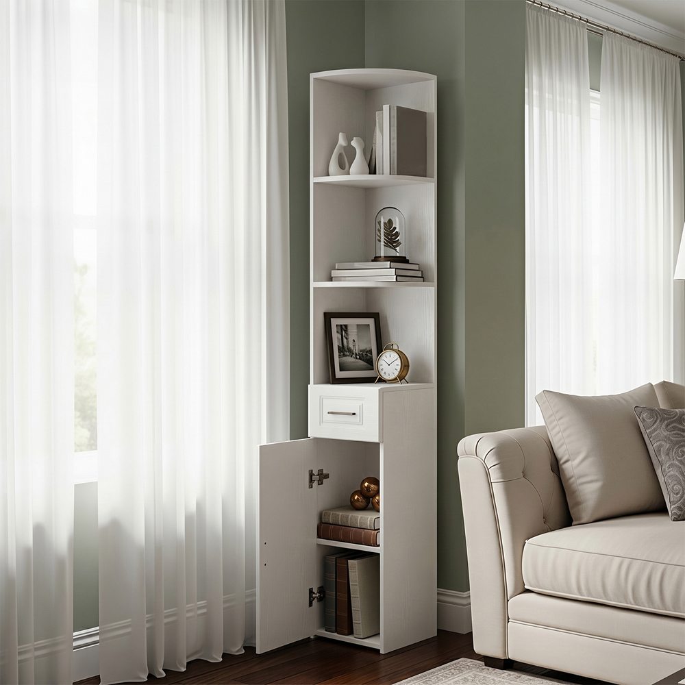 Living and Home Single Door Single Drawer White Corner Cabinet Image 7