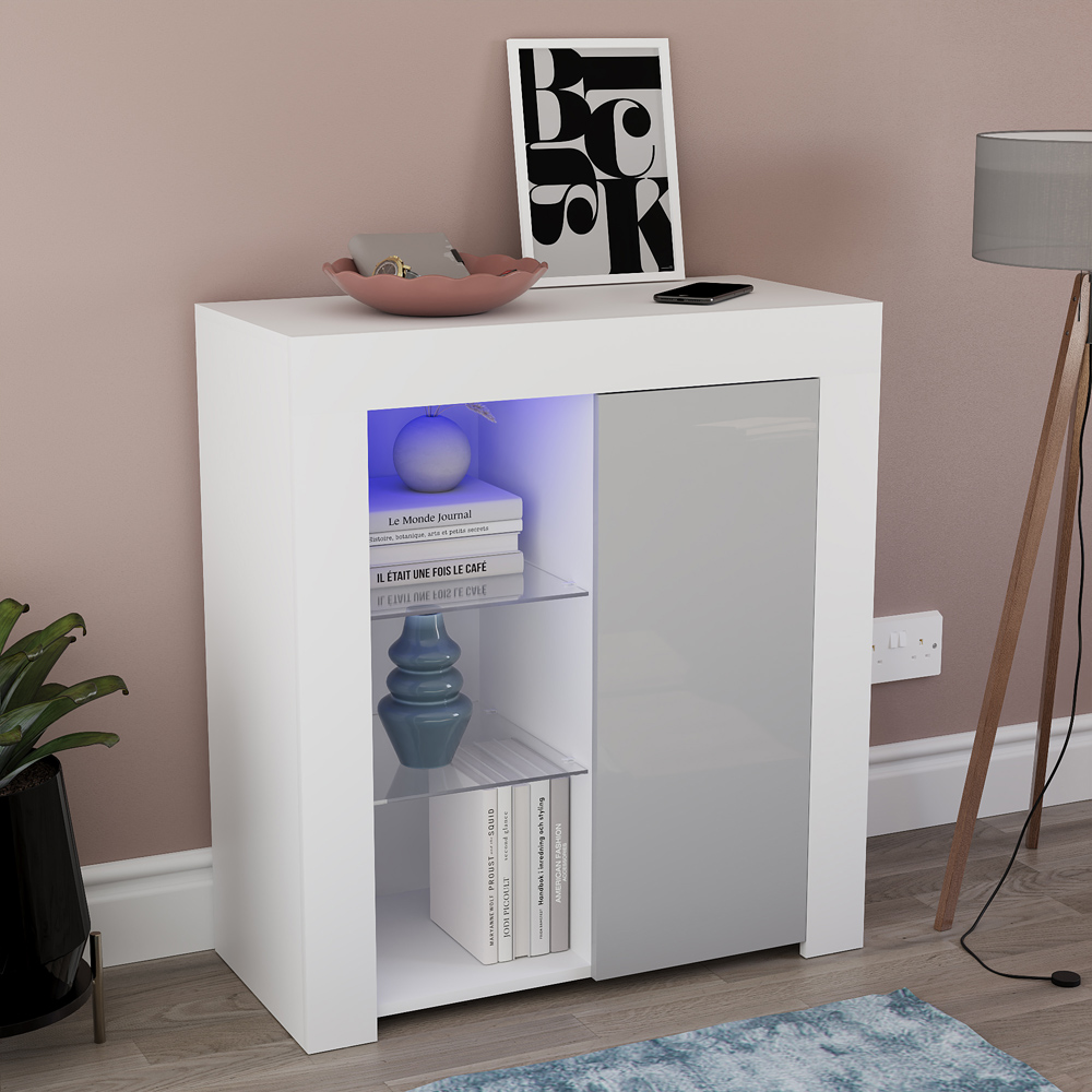 Vida Designs Azura Single Door White and Grey Sideboard with LED Image 1