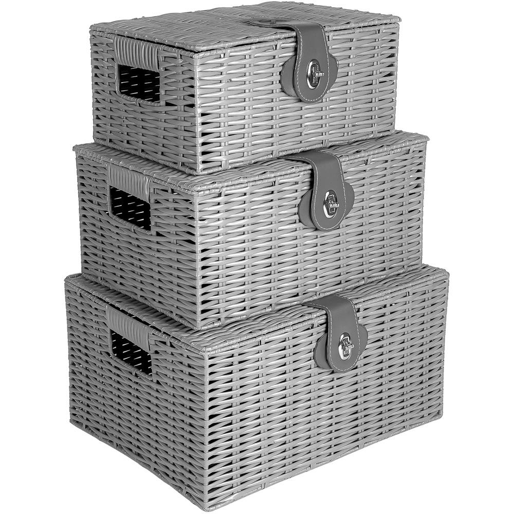 Innoteck Essentials Grey Wicker Woven Storage Basket with Lid 3 Pack Image 1