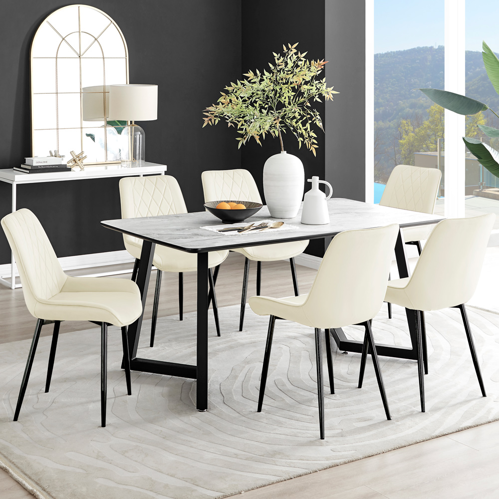 Furniturebox Copeland Cesano Marble Effect 6 Seater Dining Set White Cream and Black Image 1