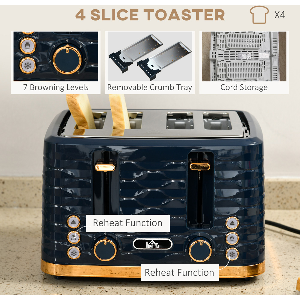 HOMCOM 800-162V70BU Blue 1.7L Kettle and 4 Slice Toaster Set Image 5