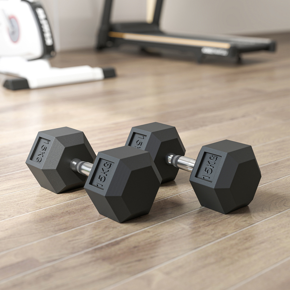 HOMCOM Black Portable Hexagonal Rubber Dumbbell Set 15kg 2 Pack Image 3