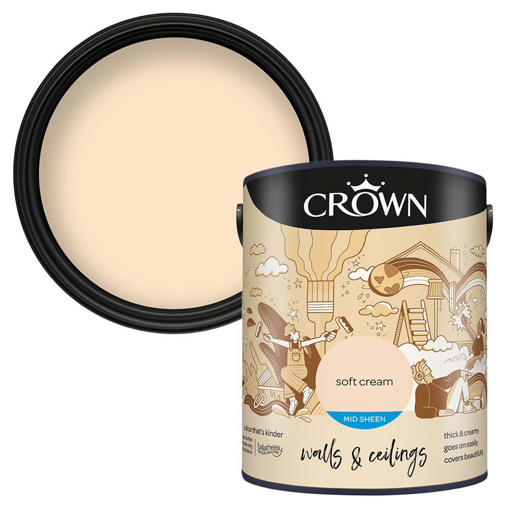 Crown Walls & Ceilings Soft Cream Mid Sheen Emulsion Paint 5L Image 1