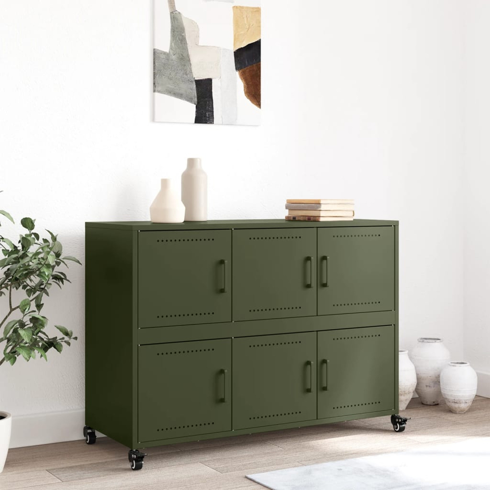 vidaXL 6 Door Olive Green Metal Sideboard with Wheels Image 9