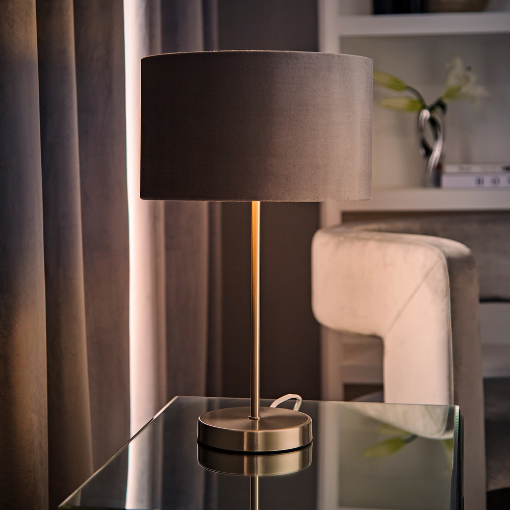 ValueLights Charlie Metallic and Grey Velvet Shade Brushed Chrome Table Lamp and Bulb Image 7