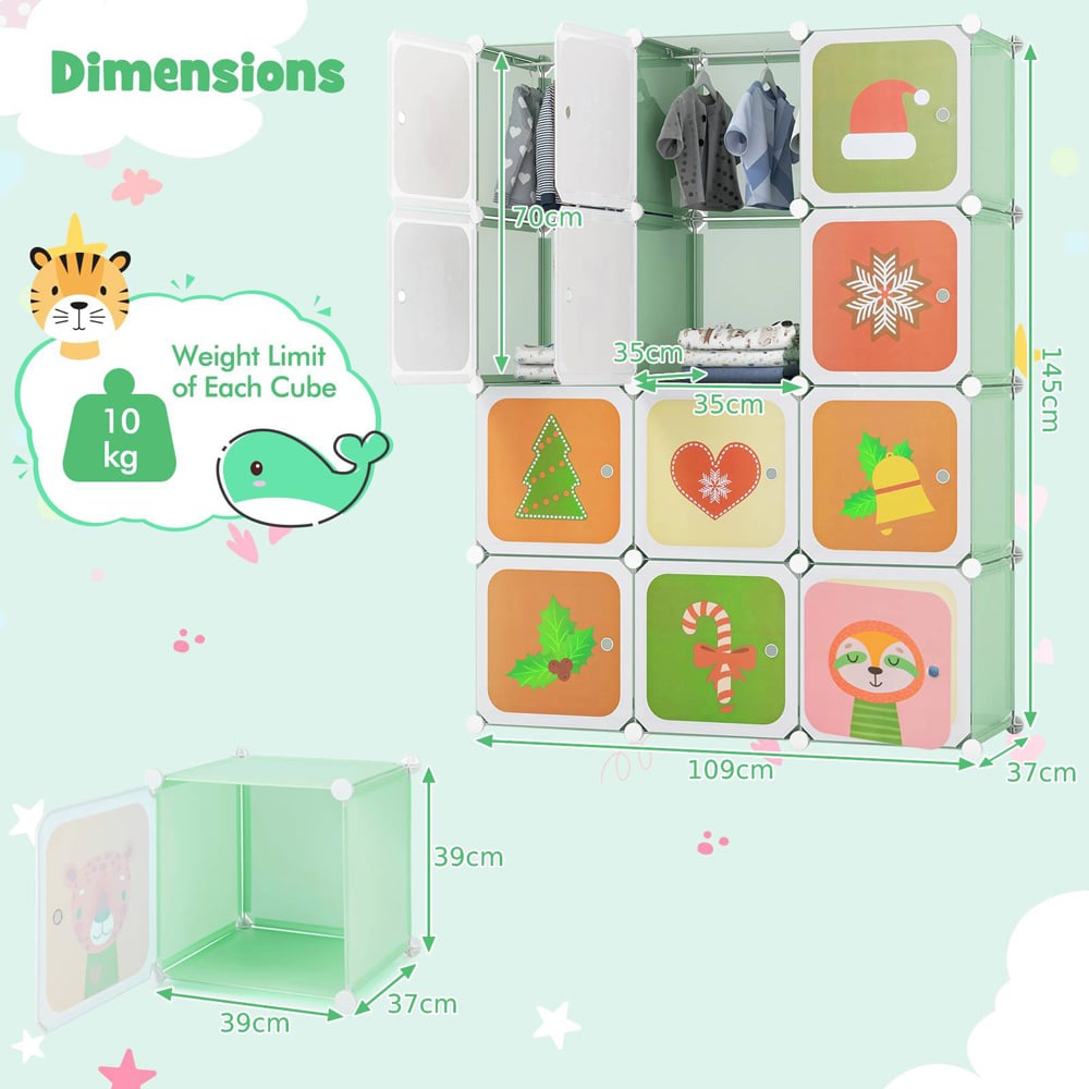 Costway 12 Cube Green Kids Portable Wardrobe Image 9