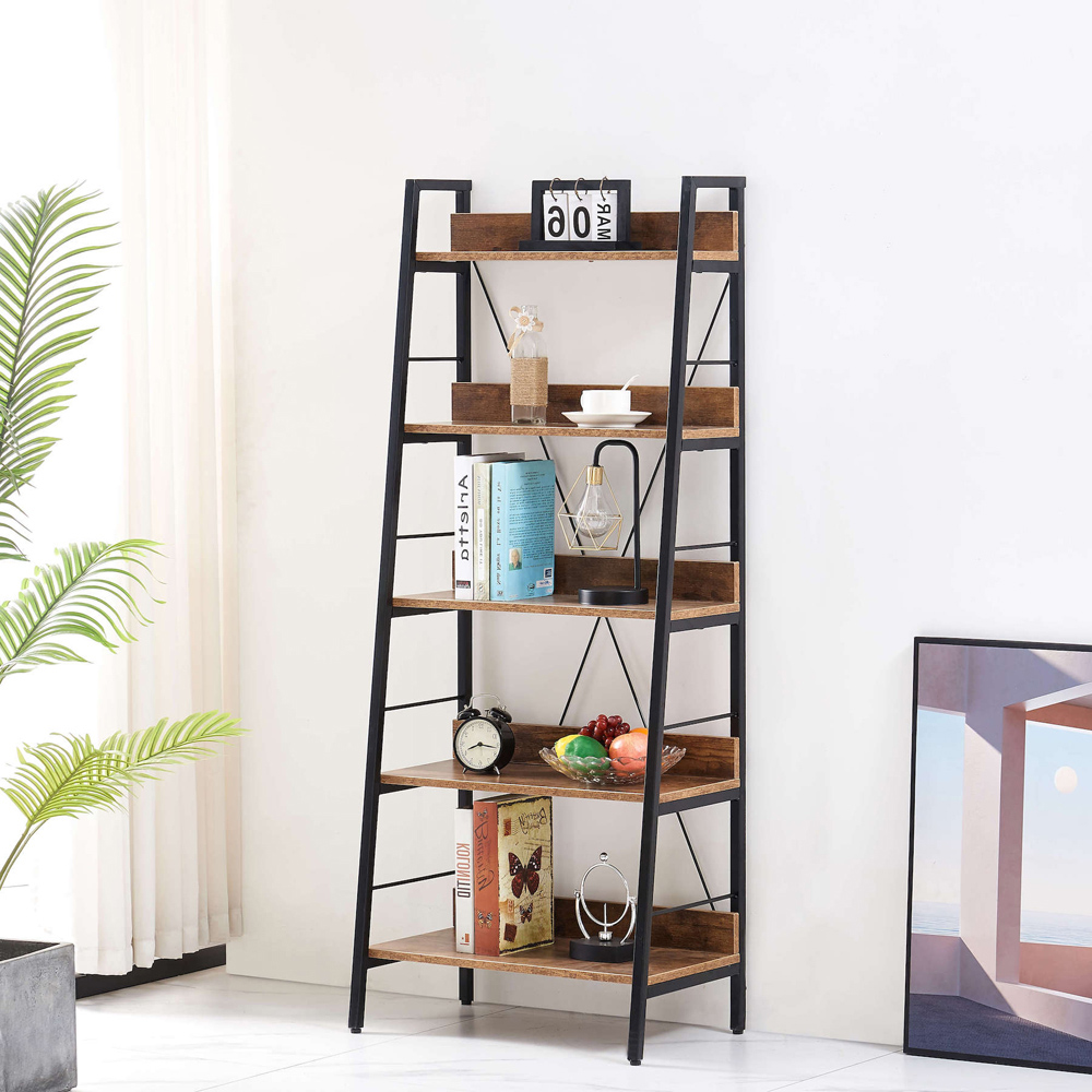 Home Source Urban 5 Shelf Black and Rustic Wood Effect Narrow Ladder Bookcase Image 3