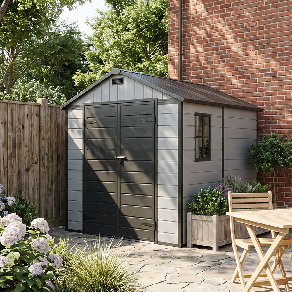 Living and Home 8 x 8ft Smokey Grey and Black Wood Grain Plastic Apex Storage Shed Image 8