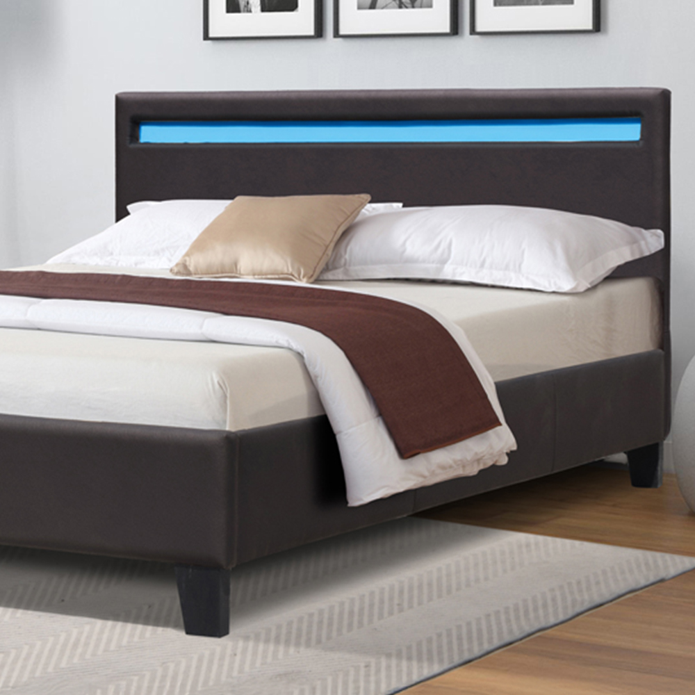 Comfy Living Double Brown Faux Leather Bed Frame with LED Strip Image 2