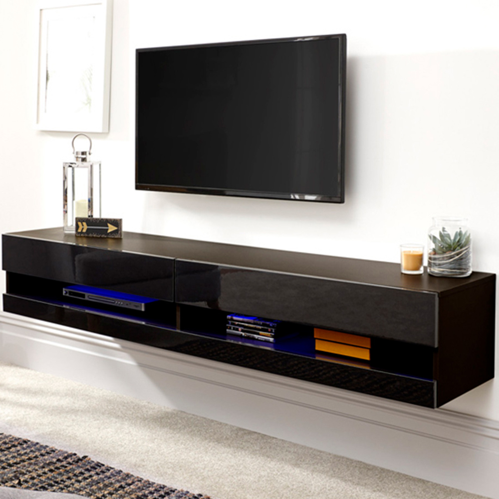 GFW Galicia Black Medium Wall TV Unit with LED Image 1
