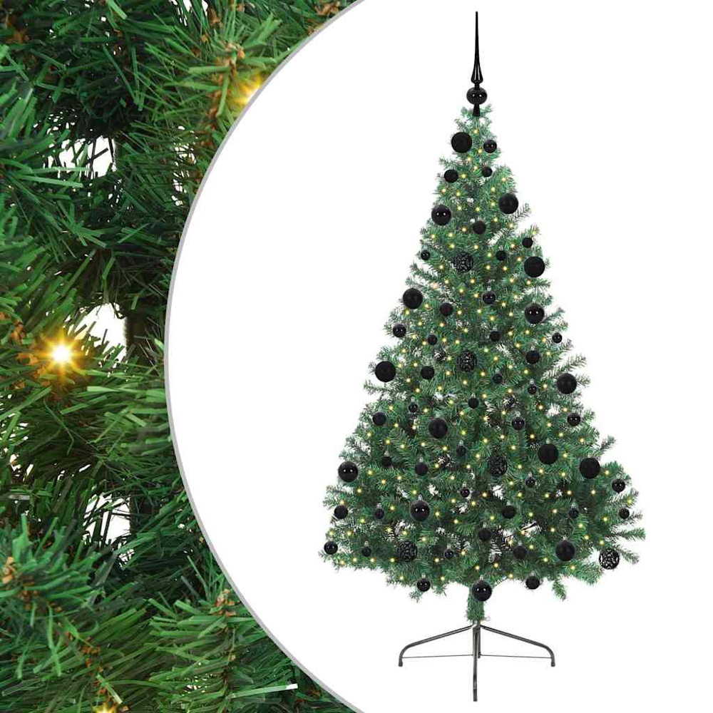 vidaXL Pre-Lit Black Baubles Green Artificial Christmas Tree 7ft Image 2