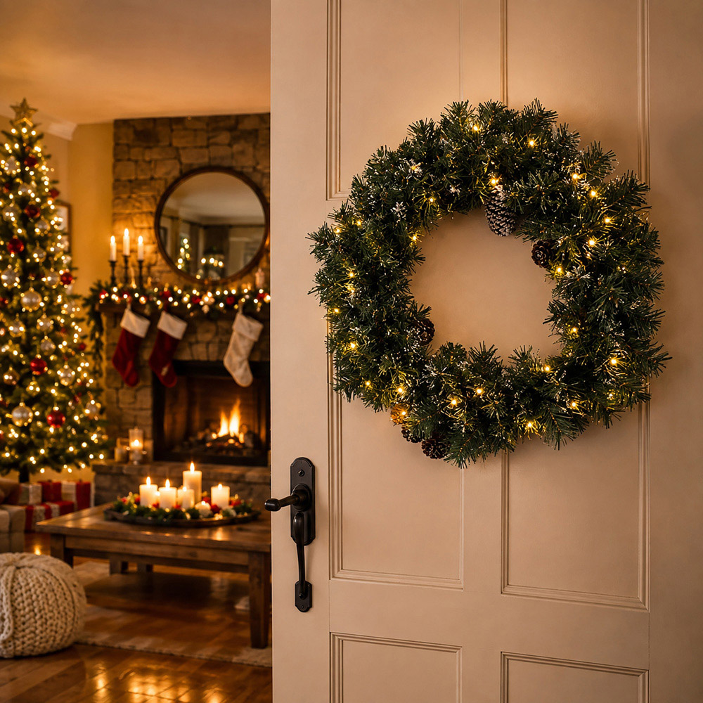 Abrihome 35 Warm White LED Multi-Function Artificial Christmas Wreath with Tips and Pinecones 50cm Image 2