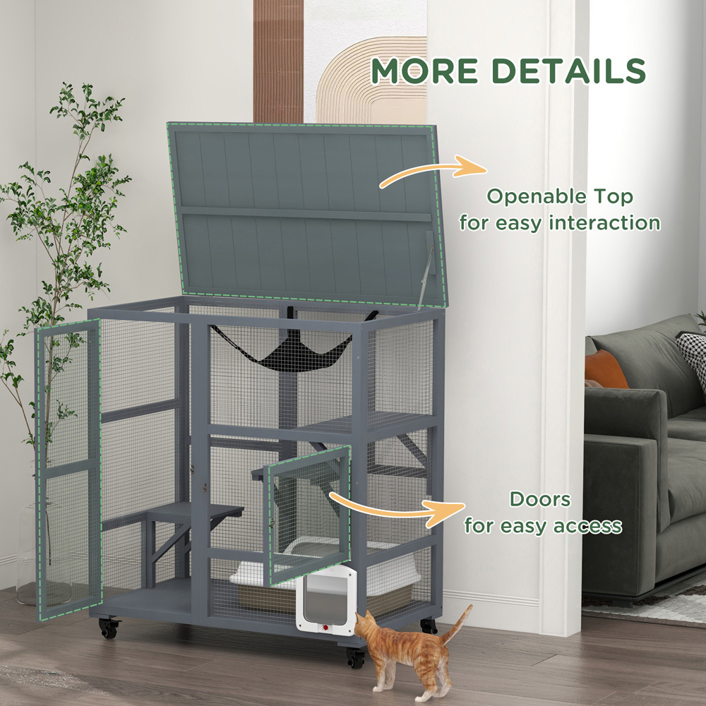 PawHut Light Grey Wooden Cat House with 3 Platform and Hammock Image 7