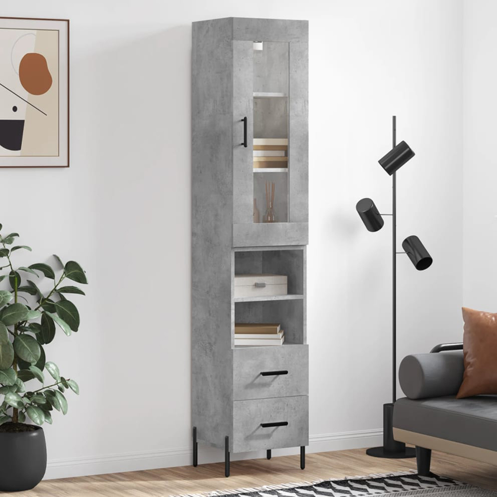 vidaXL Single Glass Door 2 Shelf 2 Drawer Concrete Grey Highboard Image 1