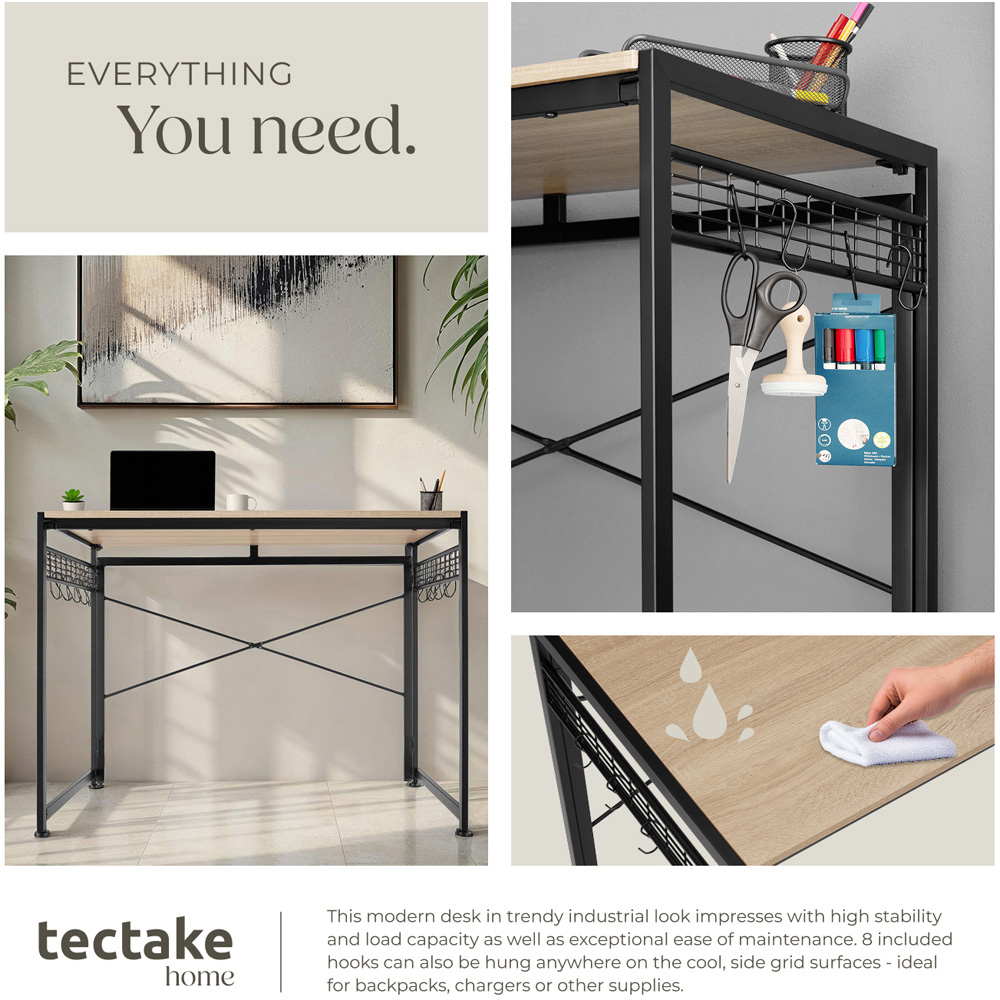 tectake Paterson Light Wood Oak Foldable Desk with 8 Storage Hooks Image 5