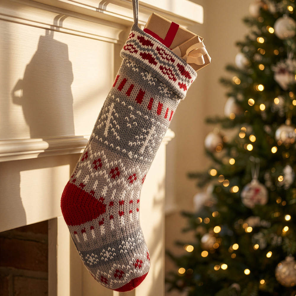 Dibor Grey Fair Isle Nostalgia Knit Christmas Stocking Image 2