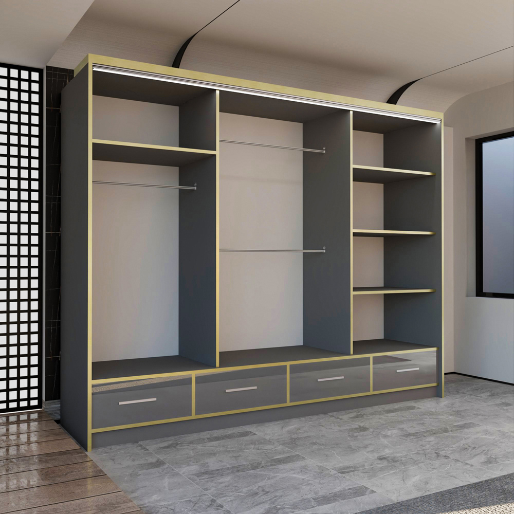 M N Furniture Silora 3 Door 4 Drawer Grey and Gold High Gloss Mirrored Sliding Wardrobe 253cm Image 3
