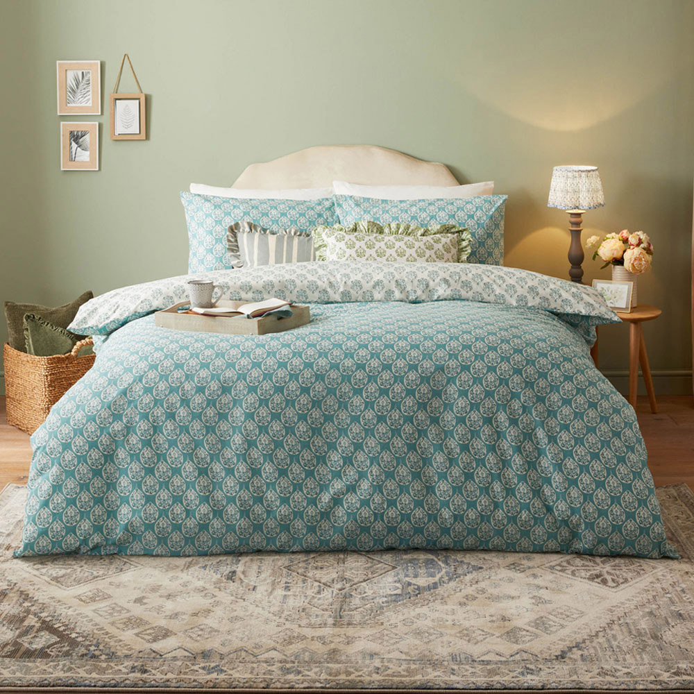 furn. Krissa Double Blue Block Printed Duvet Set Image 1