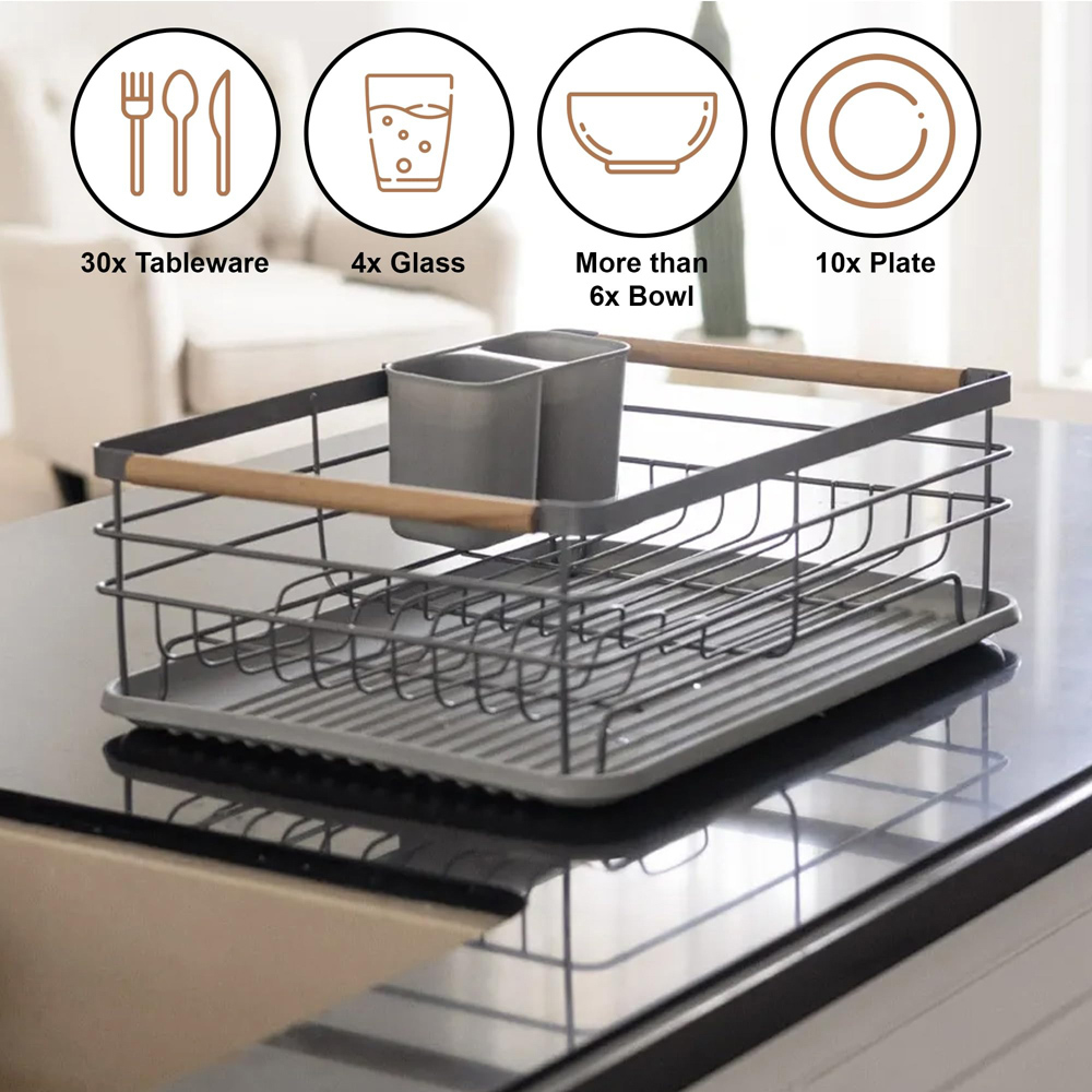 ATEK Grey Wooden Handle Dish Drying Rack with Drain Tray and Cutlery Holder Image 4