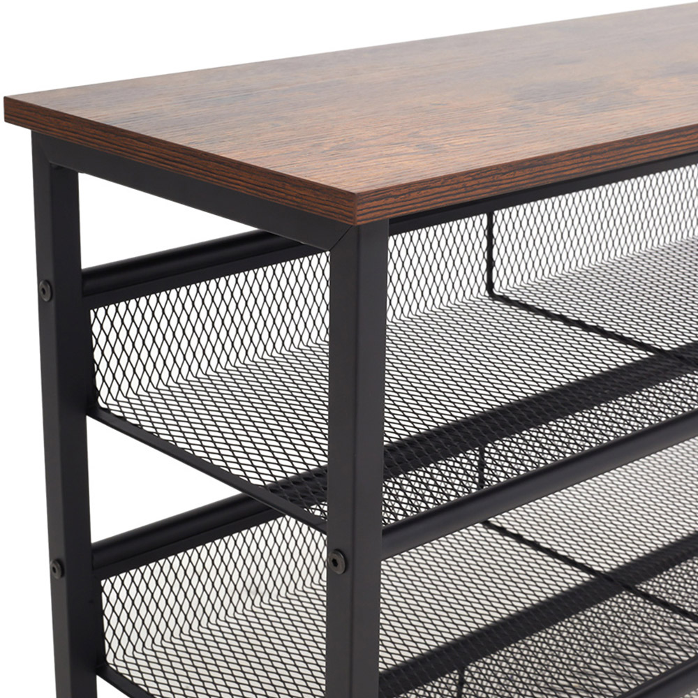 H&O Direct 3 Mesh Shelf Shoe Rack with Wooden Top Image 3