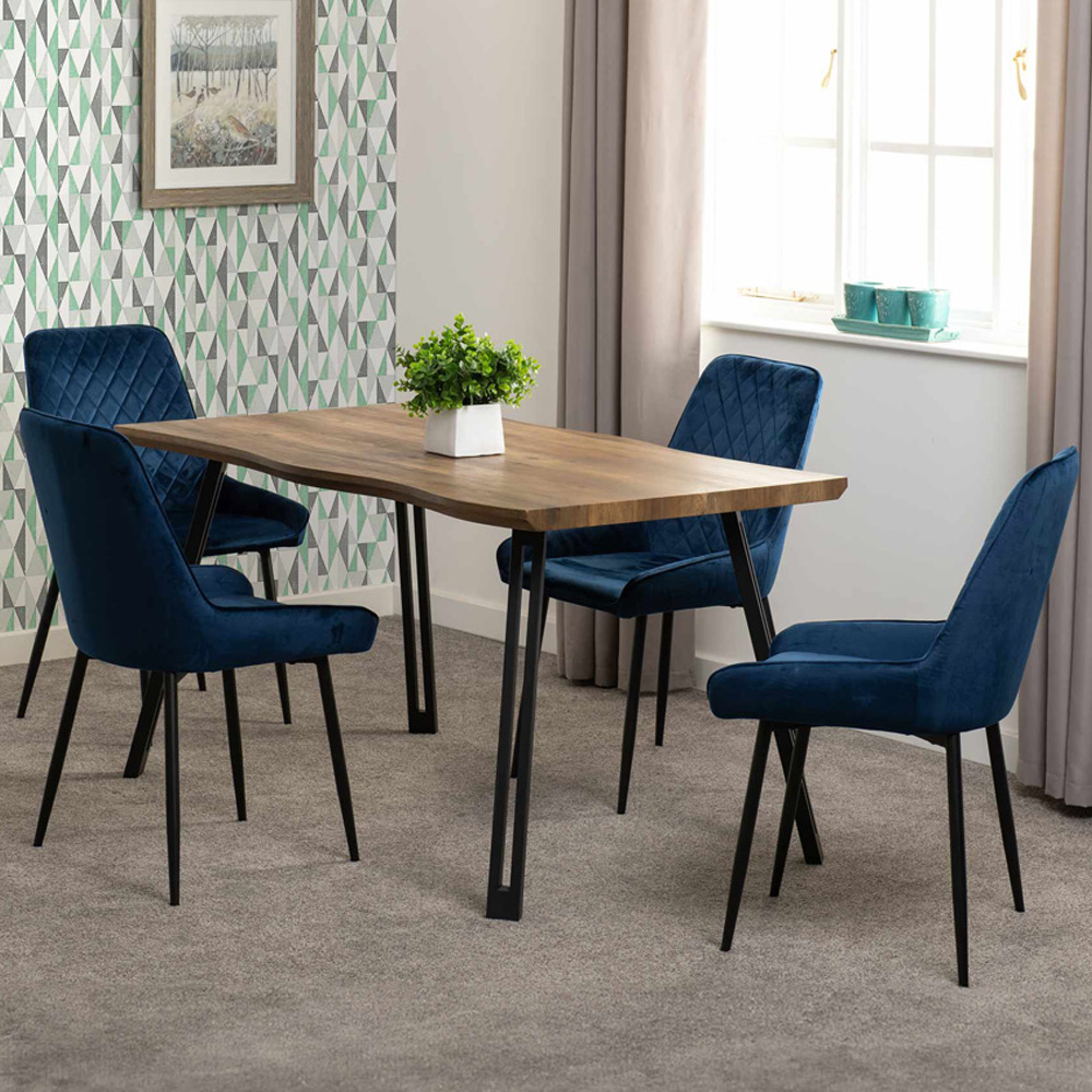 Seconique Quebec Wave Avery Velvet 4 Seater Dining Set Oak Effect and Sapphire Blue Image 1